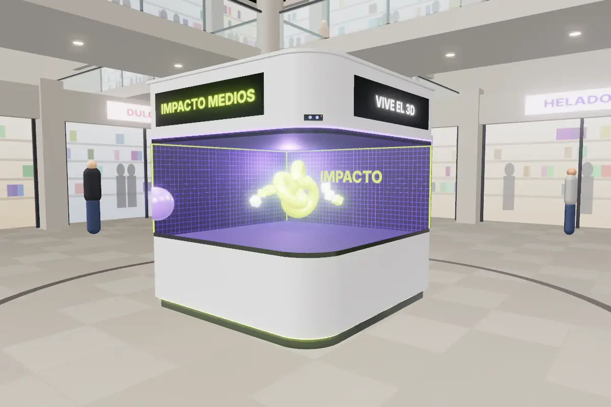 Simulación de un kiosko con pantalla 3D dentro de una plaza comercial