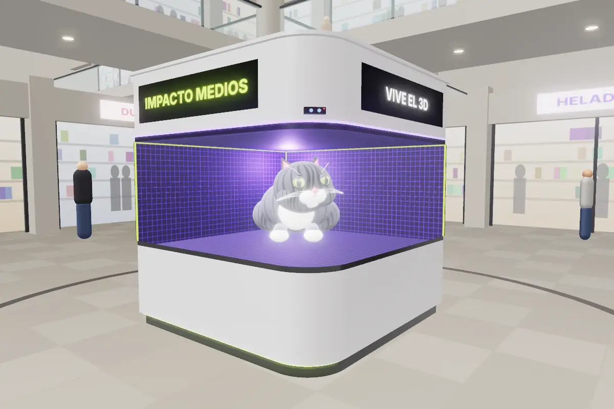 Simulación: un kiosko con pantalla 3D en una plaza comercial, con un gato gigante dentro