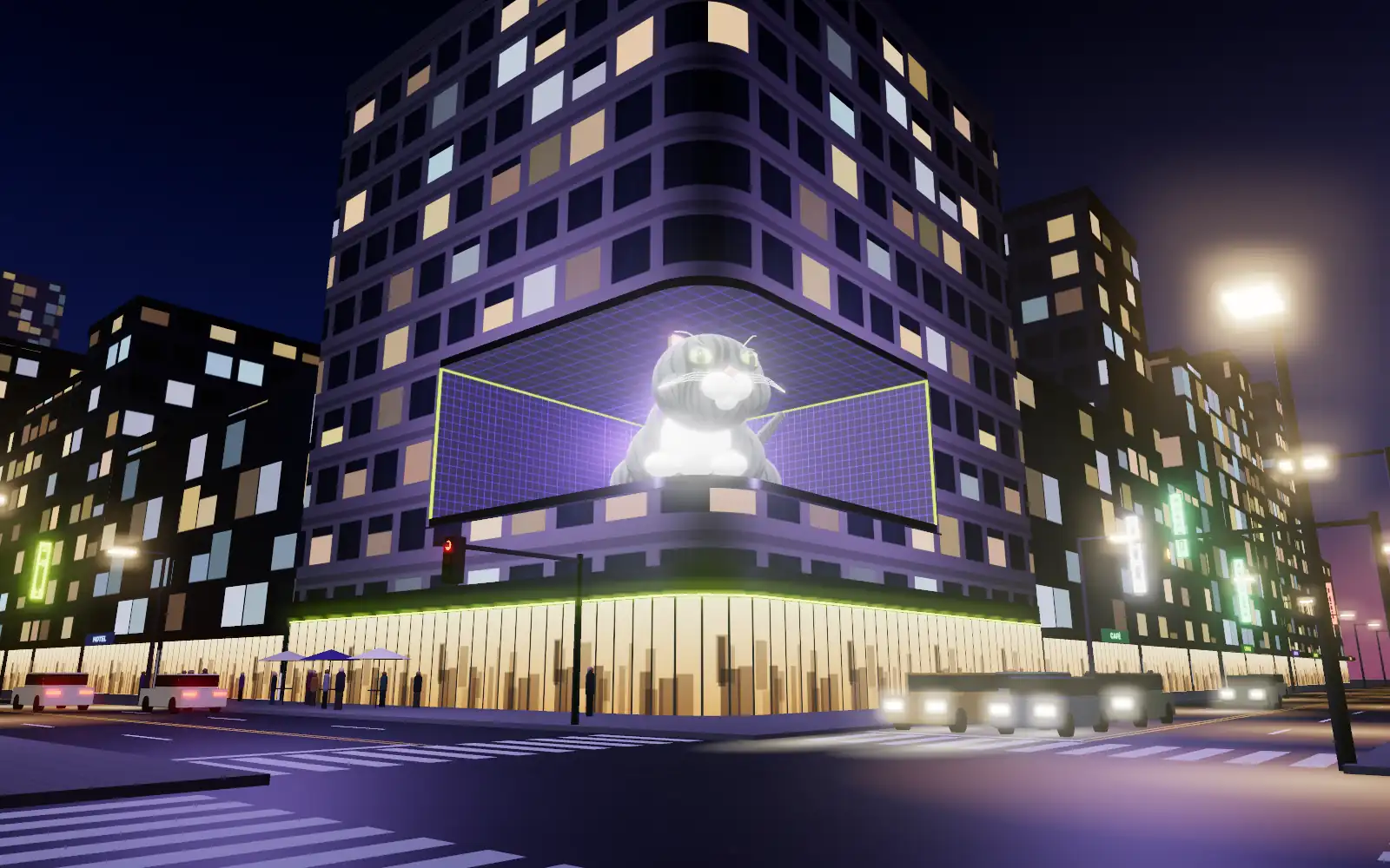 Simulación de una pantalla 3D en la esquina de un edificio: un gato gigante parece asomarse sobre la calle