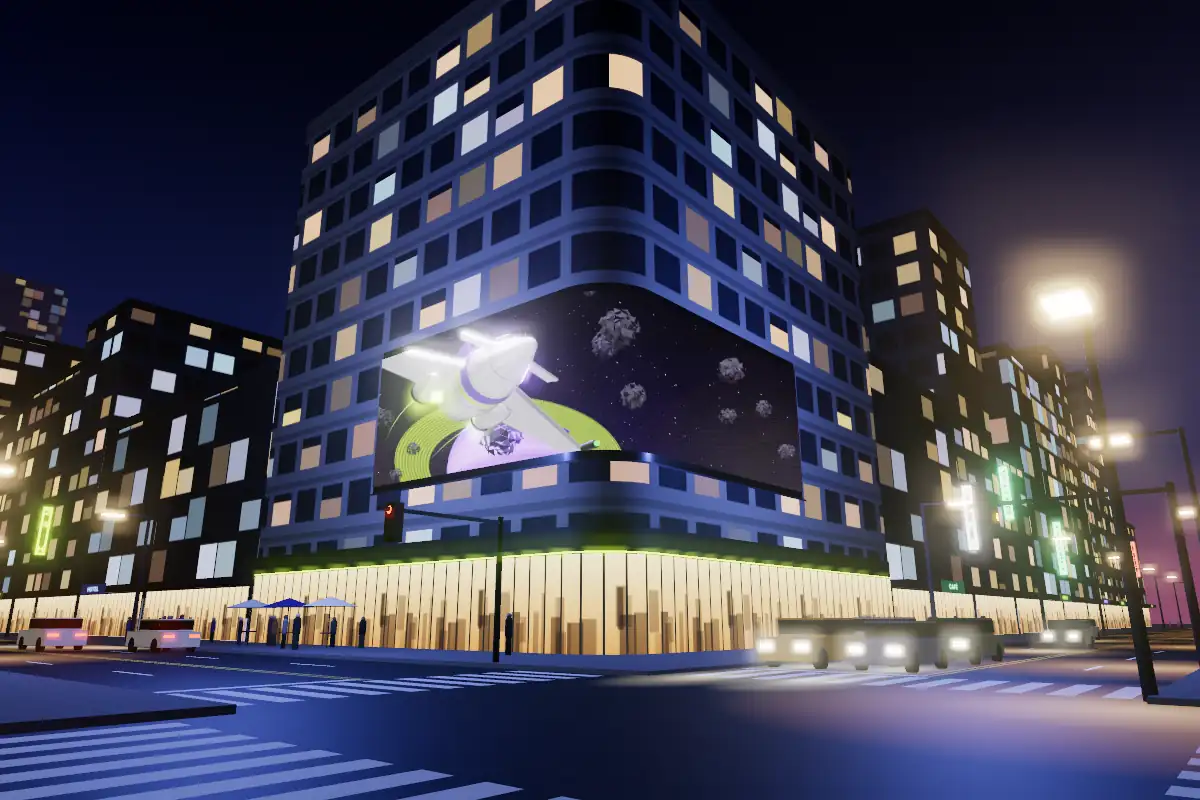 Simulación: una nave sale de una pantalla 3D en la esquina de un edificio, de noche