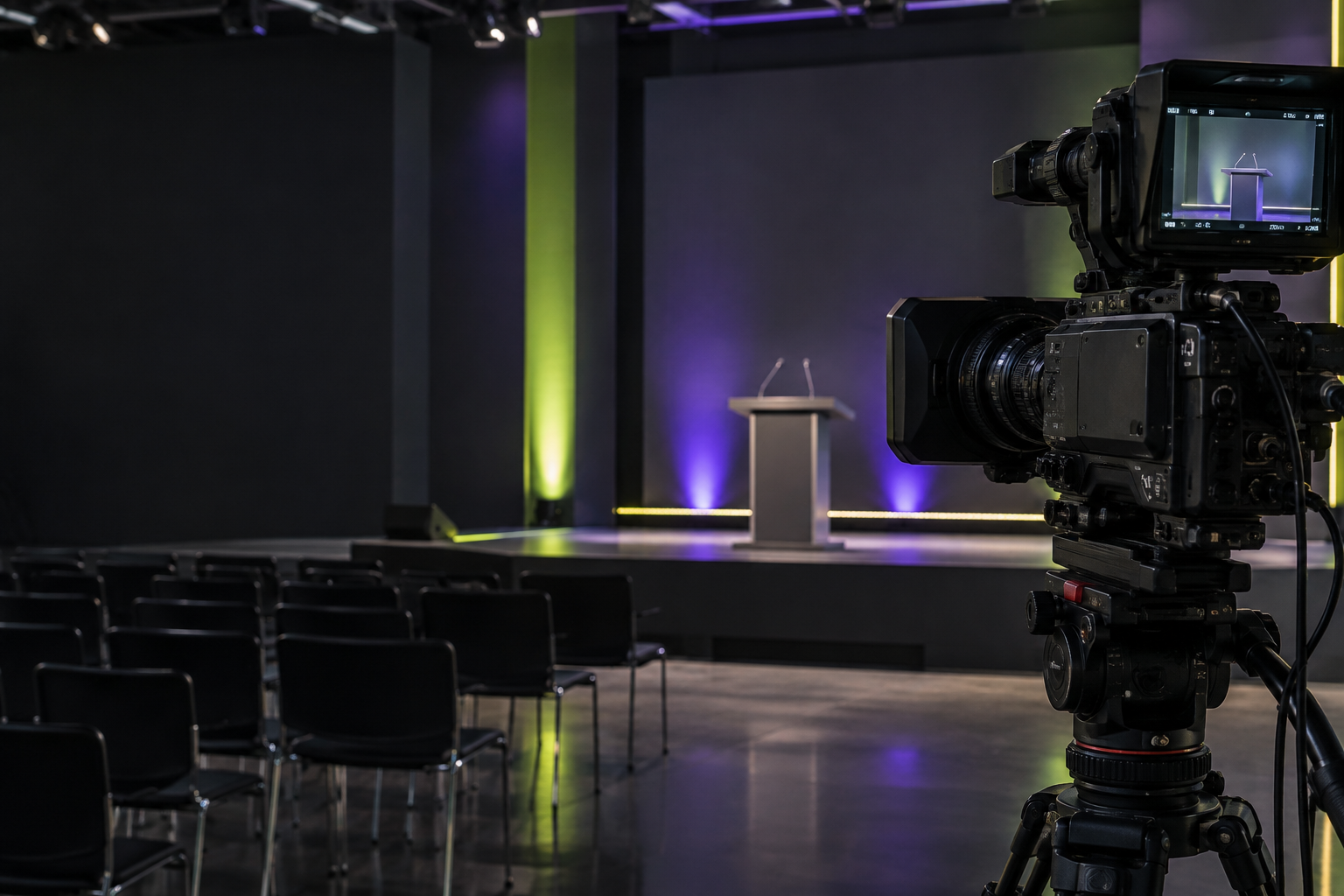 Escena conceptual de producción audiovisual en una sala de prensa