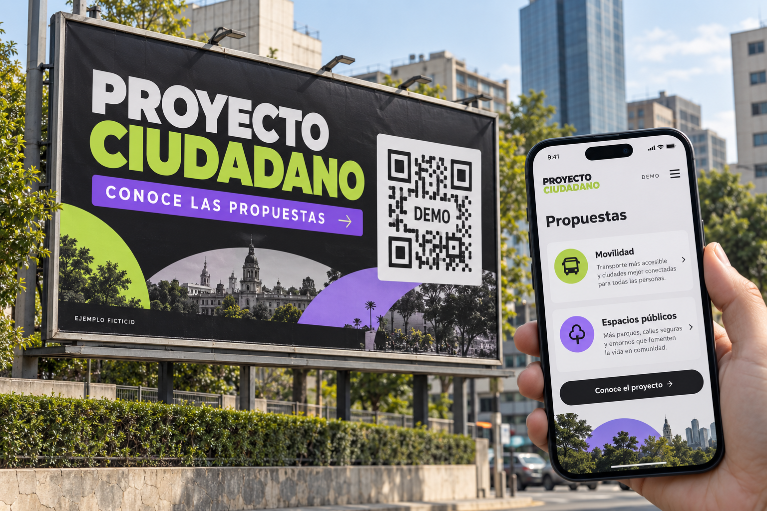 Anuncio político ficticio con QR de demostración junto a una vista conceptual de su aplicación web en un celular